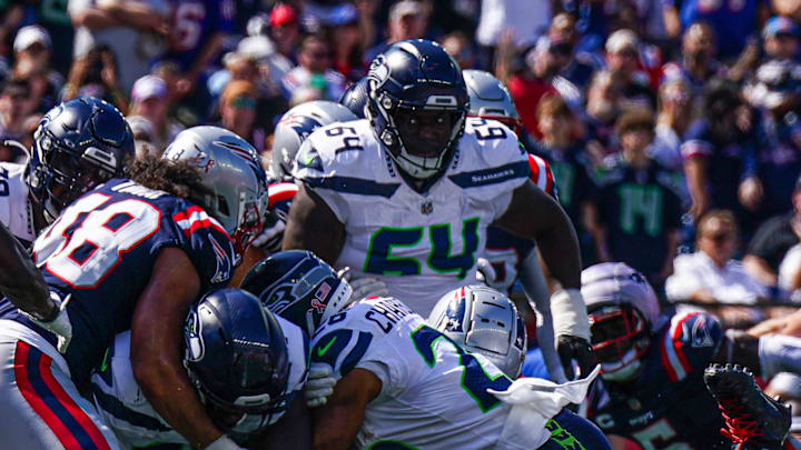 Sep 15, 2024; Foxborough, Massachusetts, USA; Seattle Seahawks guard Christian Haynes blocks on a touchdown against the New England Patriots in the second quarter at Gillette Stadium. Mandatory Credit: David Butler II-Imagn Images