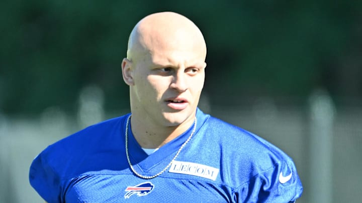 Jul 23, 2025; Rochester, NY, USA; Buffalo Bills defensive end Landon Jackson (94) warms up during training camp at St. John Fisher University. Mandatory Credit: Mark Konezny-Imagn Images