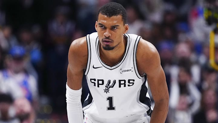 Apr 4, 2026; Denver, Colorado, USA; San Antonio Spurs forward Victor Wembanyama (1) during the second half against the Denver Nuggets at Ball Arena. Mandatory Credit: Ron Chenoy-Imagn Images