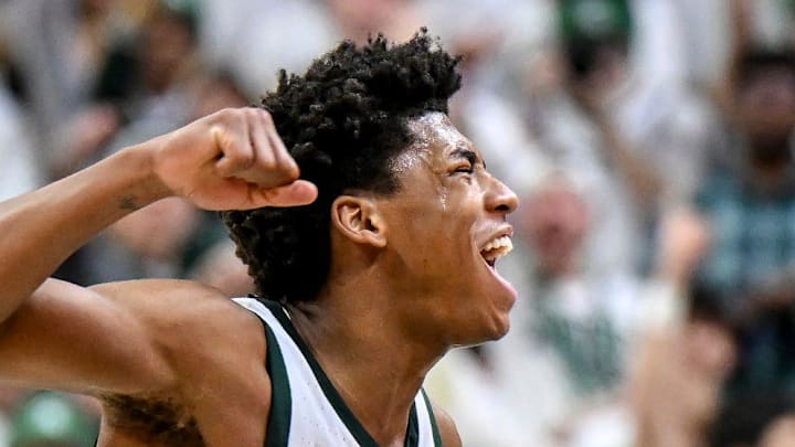 Michigan State's Jeremy Fears Jr. celebrates after scoring and drawing an Indiana foul during the first half on Tuesday, Jan. 13, 2026, at the Breslin Center in East Lansing.