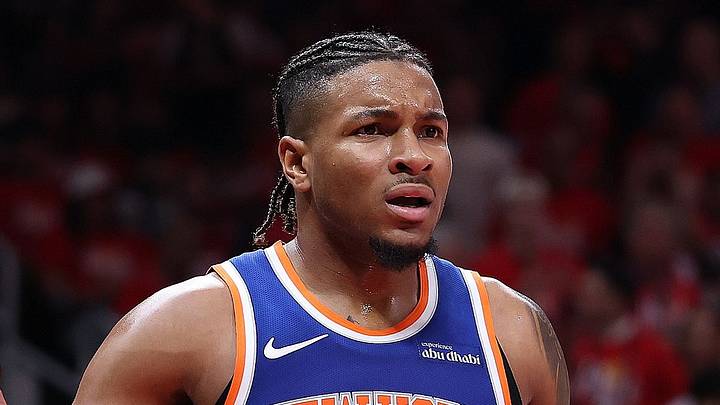 ATLANTA, GEORGIA - APRIL 23: Miles McBride #2 of the New York Knicks reacts against the Atlanta Hawks during the third quarter of game three of the Eastern Conference first round playoffs at State Farm Arena on April 23, 2026 in Atlanta, Georgia. (Photo by Kevin C. Cox/Getty Images)