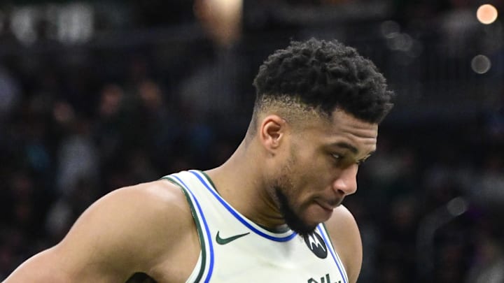 Milwaukee Bucks forward Giannis Antetokounmpo (34) reacts in the second quarter against the Minnesota Timberwolves at Fiserv Forum on Jan 13, 2026.