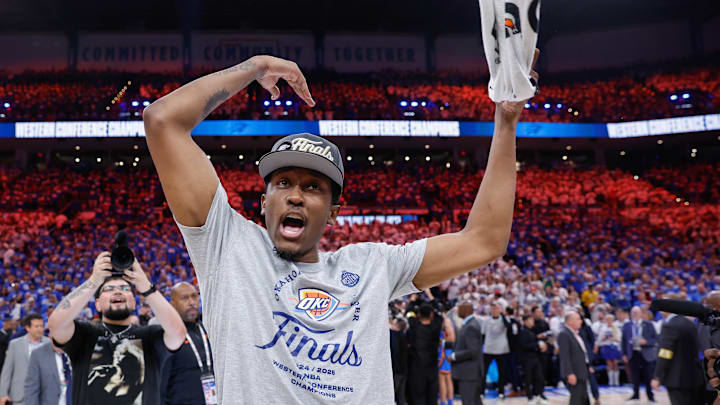 May 28, 2025; Oklahoma City, Oklahoma, USA; Oklahoma City Thunder forward Jalen Williams celebrates after his team defeated the Minnesota Timberwolves during game five of the western conference finals for the 2025 NBA Playoffs at Paycom Center. Mandatory Credit: Alonzo Adams-Imagn Images