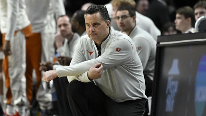 Mar 19, 2026; Portland, OR, USA; Texas Longhorns head coach Sean Miller in the first half against the BYU Cougars during a first round game of the men's 2026 NCAA Tournament at Moda Center. Mar 19, 2026; Portland, OR, USA; Texas Longhorns head coach Sean Miller in the first half against the BYU Cougars during a first round game of the men's 2026 NCAA Tournament at Moda Center.