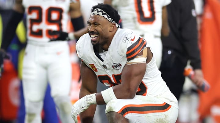 Dec 28, 2023; Cleveland, Ohio, USA; Cleveland Browns defensive end Myles Garrett (95) looks on during the second half against the New York Jets at Cleveland Browns Stadium. Mandatory Credit: Scott Galvin-Imagn Images