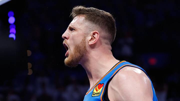 May 20, 2026; Oklahoma City, Oklahoma, USA; Oklahoma City Thunder center Isaiah Hartenstein (55) reacts to a play during the fourth quarter against the San Antonio Spurs during game two of the western conference finals for the 2026 NBA playoffs at Paycom Center. Mandatory Credit: Alonzo Adams-Imagn Images