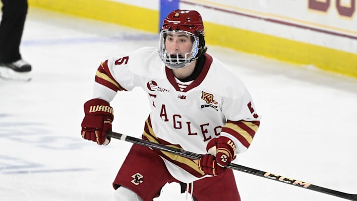 Feb 28, 2025; Chestnut Hill, MA, USA; Boston College defenseman Drew Fortescue (5) skates against the University of New Hampshire Wildcats during the first period at Conte Forum. Mandatory Credit: Eric Canha-Imagn Images