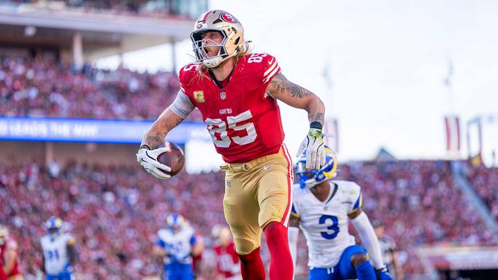 November 9, 2025; Santa Clara, California, USA; San Francisco 49ers tight end George Kittle (85) celebrates after getting a first down during the second quarter against the Los Angeles Rams at Levi's Stadium. Mandatory Credit: Kyle Terada-Imagn Images November 9, 2025; Santa Clara, California, USA; San Francisco 49ers tight end George Kittle (85) celebrates after getting a first down during the second quarter against the Los Angeles Rams at Levi's Stadium. Mandatory Credit: Kyle Terada-Imagn Images