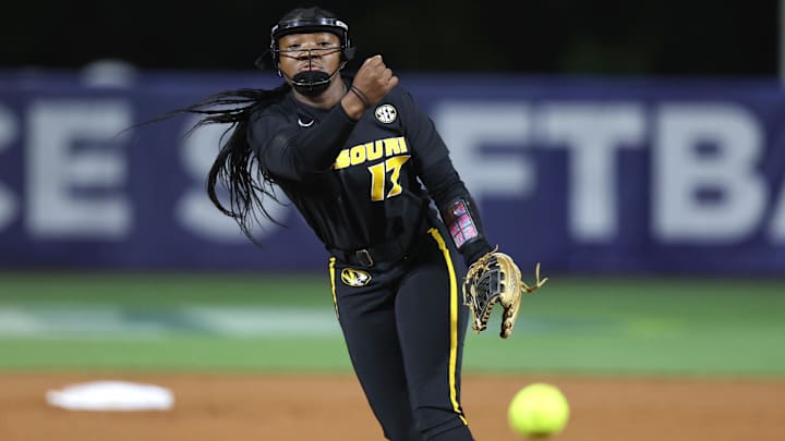 May 9, 2024; Auburn, AL, USA; Missouri Tigers starting pitcher/relief pitcher Cierra Harrison (17) against the Arkansas Razorbacks in the quarterfinals of the SEC Softball Championship at Jane B. Moore Field. Mandatory Credit: John Reed-Imagn Images May 9, 2024; Auburn, AL, USA; Missouri Tigers starting pitcher/relief pitcher Cierra Harrison (17) against the Arkansas Razorbacks in the quarterfinals of the SEC Softball Championship at Jane B. Moore Field. Mandatory Credit: John Reed-Imagn Images