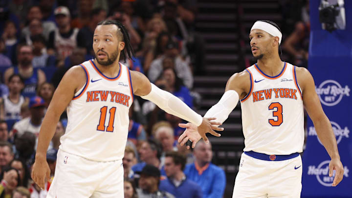 Nov 22, 2025; Orlando, Florida, USA; New York Knicks guard Jalen Brunson (11) and guard Josh Hart (3) react after a play against the Orlando Magic in the second quarter at Kia Center. Mandatory Credit: Nathan Ray Seebeck-Imagn Images
