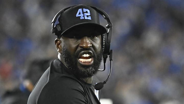 Nov 23, 2024; Pasadena, California, USA; UCLA Bruins head coach DeShaun Foster yells at referees during the second quarter against the USC Trojans at Rose Bowl. Mandatory Credit: Robert Hanashiro-Imagn Images