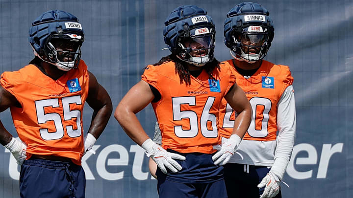 Jul 24, 2025; Englewood, CO, USA; Denver Broncos linebacker Jordan Turner (55) and linebacker Levelle Bailey (56) and linebacker Justin Strnad (40) during Denver Broncos Training Camp. 