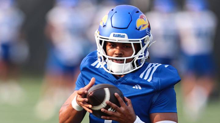 Kansas junior running back Dylan Edwards (1) makes a catch during fall camp practice on Aug. 4, 2026. Kansas junior running back Dylan Edwards (1) makes a catch during fall camp practice on Aug. 4, 2026.