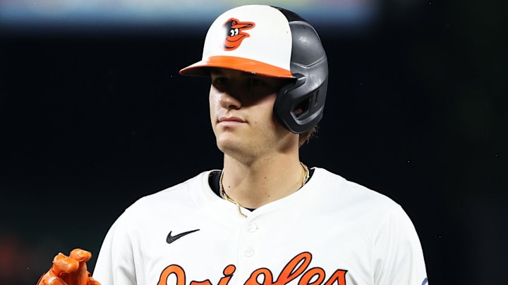 Sep 23, 2025; Baltimore, Maryland, USA; Baltimore Orioles first baseman Coby Mayo (16) celebrates after hitting a single during the third inning against the Tampa Bay Rays at Oriole Park at Camden Yards. Mandatory Credit: Daniel Kucin Jr.-Imagn Images