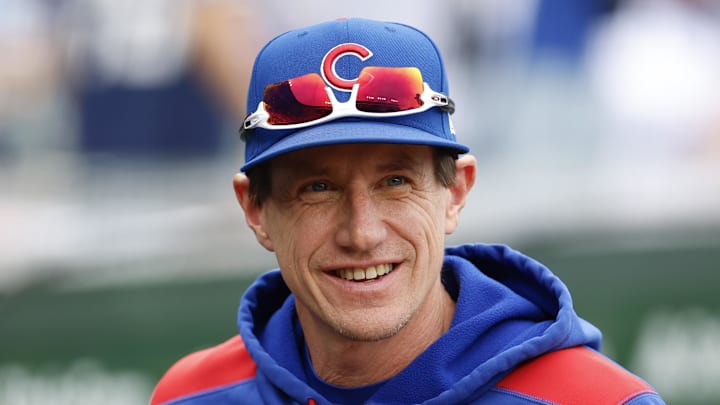 Apr 18, 2025; Chicago, Illinois, USA; Chicago Cubs manager Craig Counsell (11) smiles before a game between the Cubs and Arizona Diamondbacks at Wrigley Field. Mandatory Credit: Kamil Krzaczynski-Imagn Images