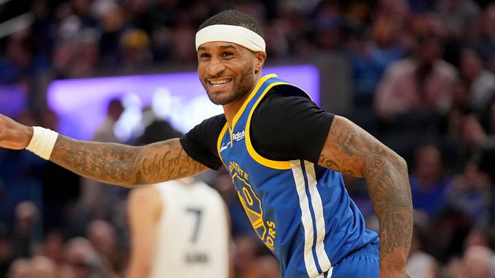 Oct 27, 2025; San Francisco, California, USA; Golden State Warriors guard Gary Payton II (0) reacts after scoring a basket against the Memphis Grizzlies in the fourth quarter at the Chase Center. Mandatory Credit: Cary Edmondson-Imagn Images