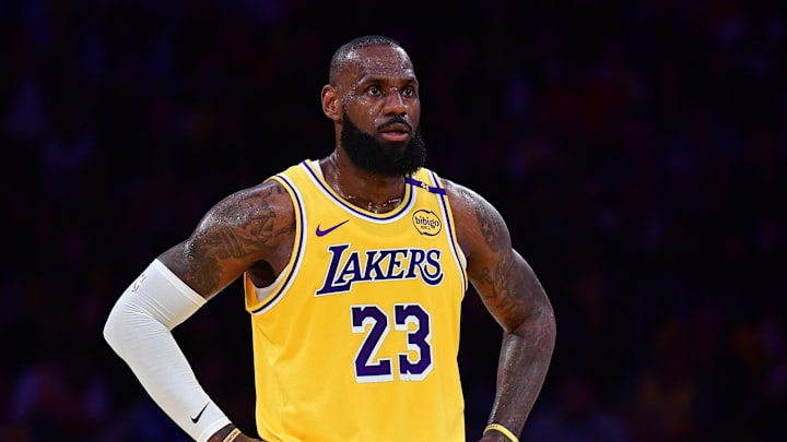 Apr 30, 2025; Los Angeles, California, USA; Los Angeles Lakers forward LeBron James (23) reacts during the first half in game five of first round for the 2025 NBA Playoffs at Crypto.com Arena. Mandatory Credit: Gary A. Vasquez-Imagn Images