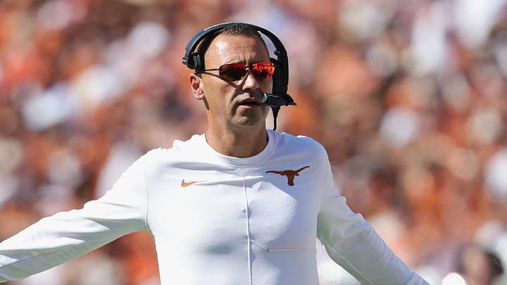 Texas Longhorns head coach Steve Sarkisian looks on before the game against the Oklahoma Sooners at Cotton Bowl. Texas Longhorns head coach Steve Sarkisian looks on before the game against the Oklahoma Sooners at Cotton Bowl.