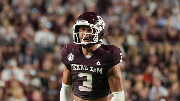 Aug 30, 2025; College Station, Texas, USA; Texas A&M Aggies safety Marcus Ratcliffe (3) celebrates during the second half against the UTSA Roadrunners at Kyle Field. Mandatory Credit: Sean Thomas-Imagn Images