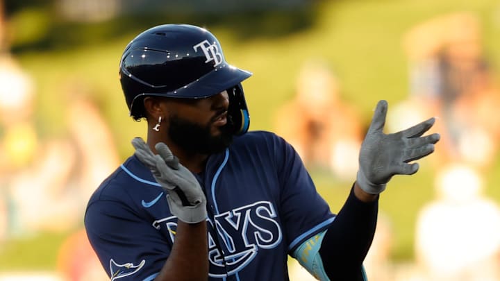Tampa Bay Rays third baseman Junior Caminero (13) celebrates after hitting an RBI double during the first inning against the Athletics at Sutter Health Park. Tampa Bay Rays third baseman Junior Caminero (13) celebrates after hitting an RBI double during the first inning against the Athletics at Sutter Health Park.