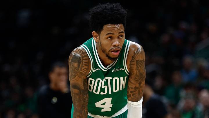Boston Celtics guard Anfernee Simons (4) looks on (Mandatory Credit: Winslow Townson-Imagn Images)