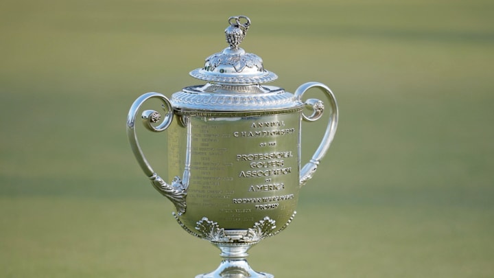 A detailed view of the Wanamaker Trophy at the 2025 PGA Championship