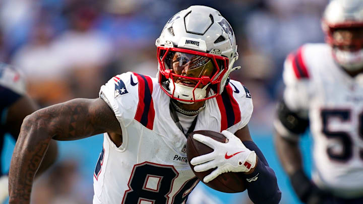New England Patriots wide receiver Kendrick Bourne (84) runs the ball against the Tennessee Titans during the fourth quarter at Nissan Stadium in Nashville, Tenn., Sunday, Nov. 3, 2024.