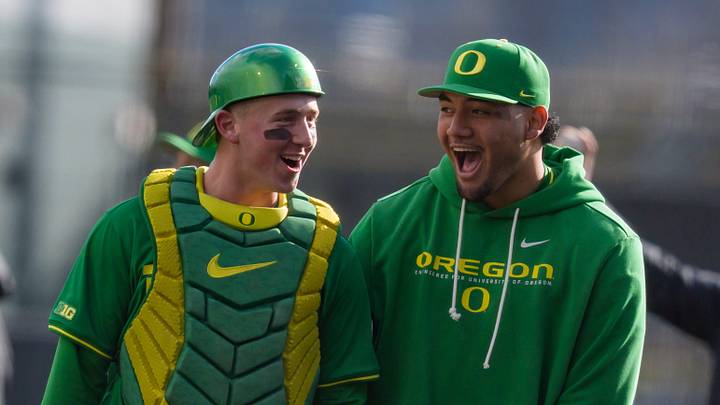 Oregon players celebrate a double play as the Oregon Ducks host the Youngstown State Penguins on Feb. 19, 2026, at PK Park in Eugene, Oregon. Oregon players celebrate a double play as the Oregon Ducks host the Youngstown State Penguins on Feb. 19, 2026, at PK Park in Eugene, Oregon.