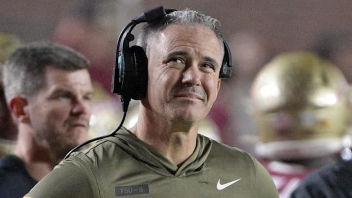 Nov 15, 2025; Tallahassee, Florida, USA; Florida State Seminoles head coach Mike Norvell during the second half against the Virginia Tech Hokies at Doak S. Campbell Stadium. Mandatory Credit: Melina Myers-Imagn Images