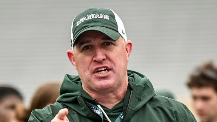 Michigan State's head coach Pat Fitzgerald addresses the team at the end of the football Spring Showcase on Saturday, April 18, 2026, at Spartan Stadium in East Lansing.