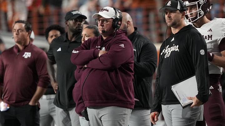 Texas A&M Aggies head coach Mike Elko watches the first half of play against the Texas Longhorns at Darrell K Royal-Texas Memorial Stadium. 