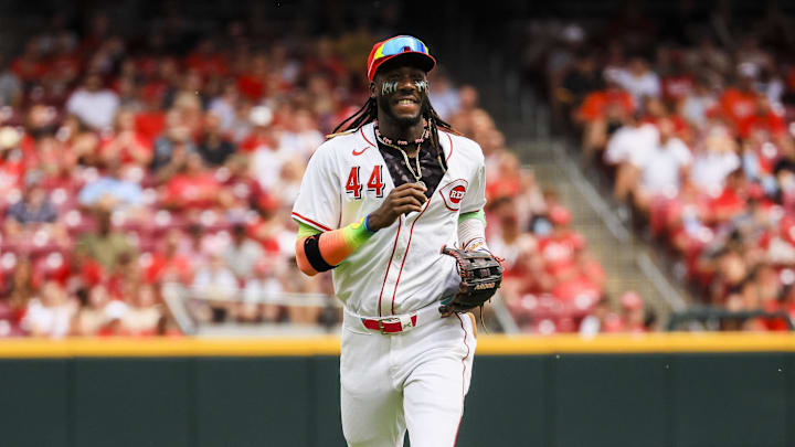 Sep 22, 2024; Cincinnati, Ohio, USA; Cincinnati Reds shortstop Elly De La Cruz (44) runs off the field in the fourth inning against the Pittsburgh Pirates at Great American Ball Park. Mandatory Credit: Katie Stratman-Imagn Images