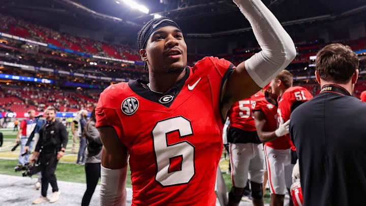 Nov 28, 2025; Atlanta, Georgia, USA; Georgia Bulldogs defensive back Daylen Everette (6) celebrates after a victory over the Georgia Tech Yellow Jackets at Mercedes-Benz Stadium. Mandatory Credit: Brett Davis-Imagn Images
Nov 28, 2025; Atlanta, Georgia, USA; Georgia Bulldogs defensive back Daylen Everette (6) celebrates after a victory over the Georgia Tech Yellow Jackets at Mercedes-Benz Stadium. Mandatory Credit: Brett Davis-Imagn Images