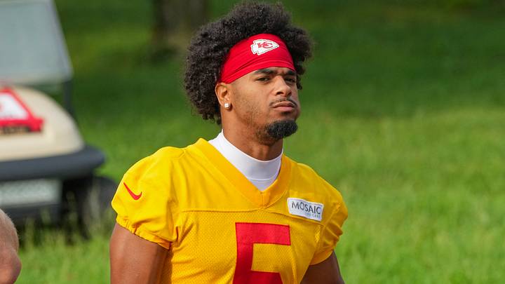 Jul 29, 2026; St. Joseph, MO, USA; Kansas City Chiefs cornerback Mansoor Delane (5) walks down the hill to the fields prior to training camp at Missouri Western State University. Mandatory Credit: Denny Medley-Imagn Images
