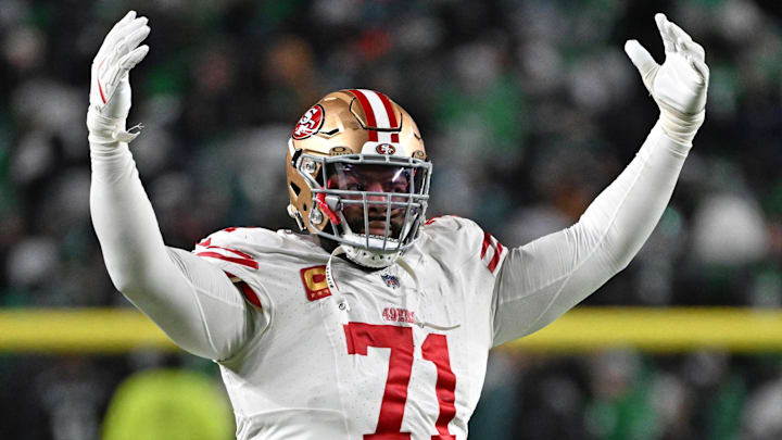 Jan 11, 2026; Philadelphia, PA, USA; San Francisco 49ers offensive tackle Trent Williams (71) celebrates win against the Philadelphia Eagles in an NFC Wild Card Round game at Lincoln Financial Field. Mandatory Credit: Eric Hartline-Imagn Images