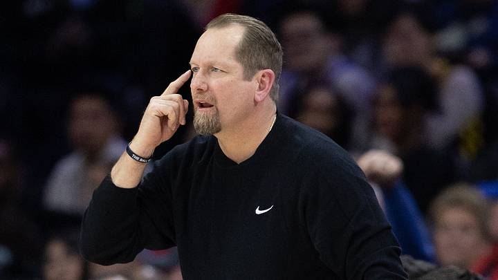 Philadelphia, Pennsylvania, USA; Philadelphia 76ers head coach Nick Nurse reacts during the second quarter against the Golden State Warriors at Wells Fargo Center on March 1, 2025. Philadelphia, Pennsylvania, USA; Philadelphia 76ers head coach Nick Nurse reacts during the second quarter against the Golden State Warriors at Wells Fargo Center on March 1, 2025.