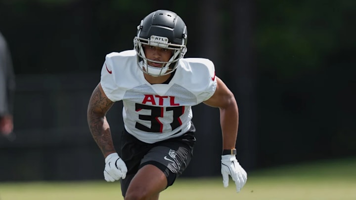 Atlanta Falcons safety Xavier Watts participates in drills May 9, 2025, during the team's rookie minicamp in Flowery Branch. Atlanta Falcons safety Xavier Watts participates in drills May 9, 2025, during the team's rookie minicamp in Flowery Branch.