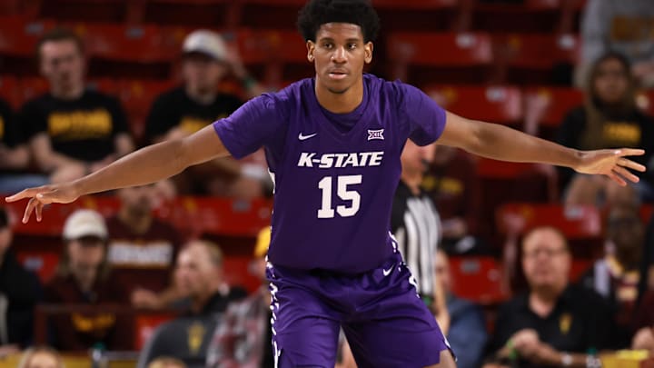 Jan 10, 2026; Tempe, Arizona, USA; Kansas State Wildcats forward Taj Manning (15) against the Arizona State Sun Devils at Desert Financial Arena.