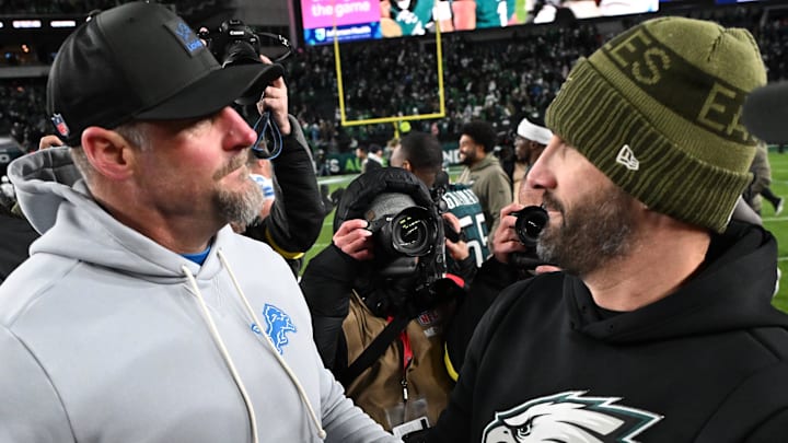 Detroit Lions head coach Dan Campbell and Philadelphia Eagles head coach Nick Sirianni meet after the game 