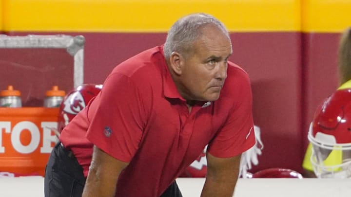 Aug 27, 2021; Kansas City, Missouri, USA; Kansas City Chiefs assistant head coach Dave Toub watches play against the Minnesota Vikings during the game at GEHA Field at Arrowhead Stadium. Mandatory Credit: Denny Medley-Imagn Images
