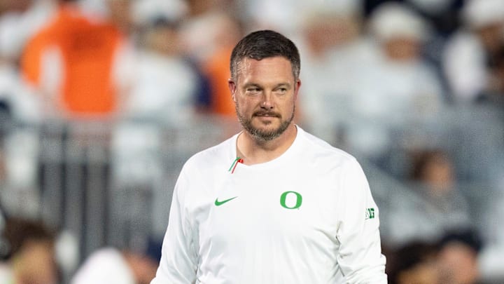 Oregon head coach Dan Lanning walks the field during warmups as the Oregon Ducks face the Penn State Nittany Lions on Sept. 27, 2025, at Beaver Stadium in University Park, Pennsylvania.