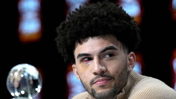 Apr 4, 2026; Indianapolis, IN, USA; Duke Blue Devils forward Cameron Boozer is awarded the Oscar Robertson Player of the Year Award presented by the US Basketball Writers Association and the Associated Press during the men's 2026 NCAA Tournament at Lucas Oil Stadium. Mandatory Credit: Bob Donnan-Imagn Images Apr 4, 2026; Indianapolis, IN, USA; Duke Blue Devils forward Cameron Boozer is awarded the Oscar Robertson Player of the Year Award presented by the US Basketball Writers Association and the Associated Press during the men's 2026 NCAA Tournament at Lucas Oil Stadium. Mandatory Credit: Bob Donnan-Imagn Images