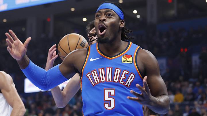 Dec 26, 2023; Oklahoma City, Oklahoma, USA; Oklahoma City Thunder guard Luguentz Dort (5) reacts after a play against the Minnesota Timberwolves during the first quarter at Paycom Center. Mandatory Credit: Alonzo Adams-Imagn Images Dec 26, 2023; Oklahoma City, Oklahoma, USA; Oklahoma City Thunder guard Luguentz Dort (5) reacts after a play against the Minnesota Timberwolves during the first quarter at Paycom Center. Mandatory Credit: Alonzo Adams-Imagn Images