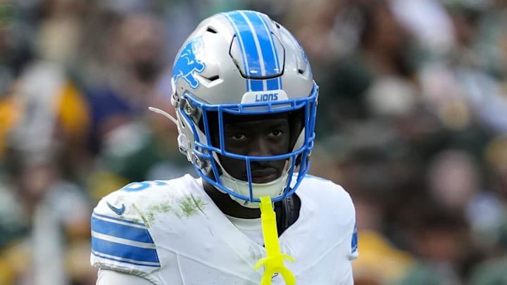 Sep 7, 2025; Green Bay, Wisconsin, USA;  Detroit Lions cornerback Terrion Arnold (6) during the game against the Green Bay Packers at Lambeau Field. Mandatory Credit: Jeff Hanisch-Imagn Images