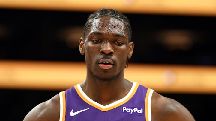 Jan 27, 2026; Phoenix, Arizona, USA; Phoenix Suns forward Rasheer Fleming (20) against the Brooklyn Nets at Mortgage Matchup Center. Mandatory Credit: Mark J. Rebilas-Imagn Images Jan 27, 2026; Phoenix, Arizona, USA; Phoenix Suns forward Rasheer Fleming (20) against the Brooklyn Nets at Mortgage Matchup Center. Mandatory Credit: Mark J. Rebilas-Imagn Images