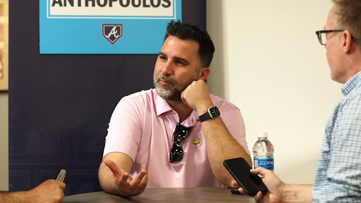 Feb 15, 2024; Tampa, FL, USA; Atlanta Braves general manager and president of baseball operations Alex Anthopoulos talks with media at George M. Steinbrenner Field. Mandatory Credit: Kim Klement Neitzel-Imagn Images