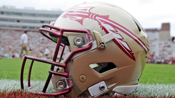 Oct 7, 2017; Tallahassee, FL, USA; View of a Florida State Seminoles helmet on the field before the game against the Miami Hurricanes at Doak Campbell Stadium. Mandatory Credit: Melina Vastola-Imagn Images