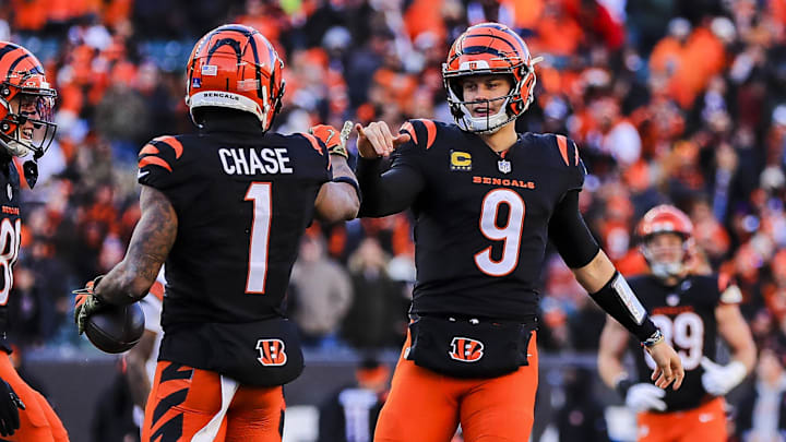 Dec 22, 2024; Cincinnati, Ohio, USA; Cincinnati Bengals wide receiver Ja'Marr Chase (1) reacts with quarterback Joe Burrow (9) after scoring a touchdown in the second half against the Cleveland Browns at Paycor Stadium. Mandatory Credit: Katie Stratman-Imagn Images