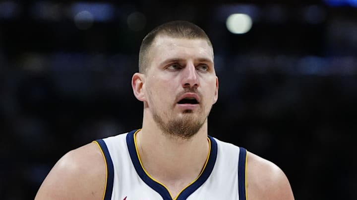 Mar 15, 2025; Denver, Colorado, USA; Denver Nuggets center Nikola Jokic (15) during the second quarter against the Washington Wizards at Ball Arena. Mandatory Credit: Ron Chenoy-Imagn Images