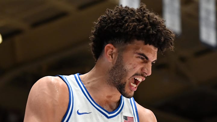 Duke Blue Devils forward Cameron Boozer (12) reacts after scoring during the second half against the Georgia Tech Yellow Jackets at Cameron Indoor Stadium on December 31, 2025. The Blue Devils won 85-79. Duke Blue Devils forward Cameron Boozer (12) reacts after scoring during the second half against the Georgia Tech Yellow Jackets at Cameron Indoor Stadium on December 31, 2025. The Blue Devils won 85-79.